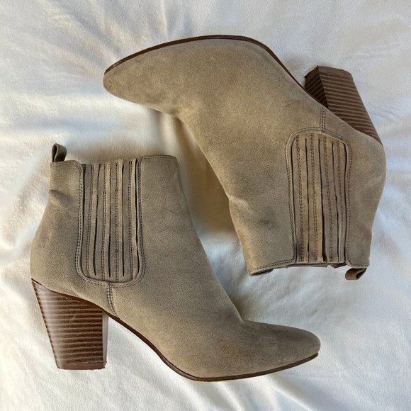 Suede Ankle Bootie - Wooden Heel + Leather Stitching Details - Picture 1 of 3